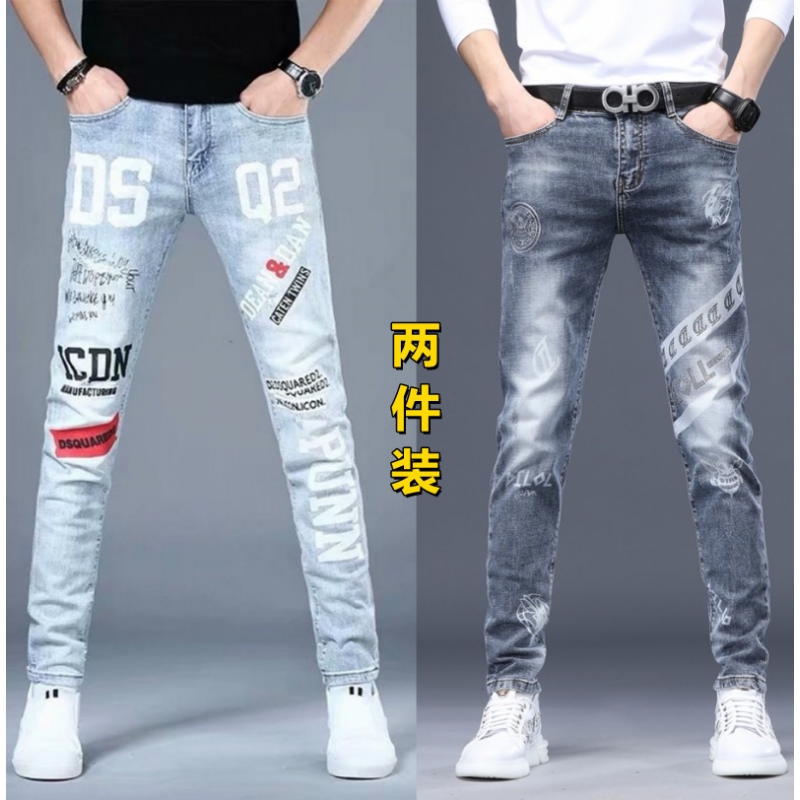 2025春秋季新款男士高端印花刺绣牛仔裤男潮牌修身小脚紧身长裤子