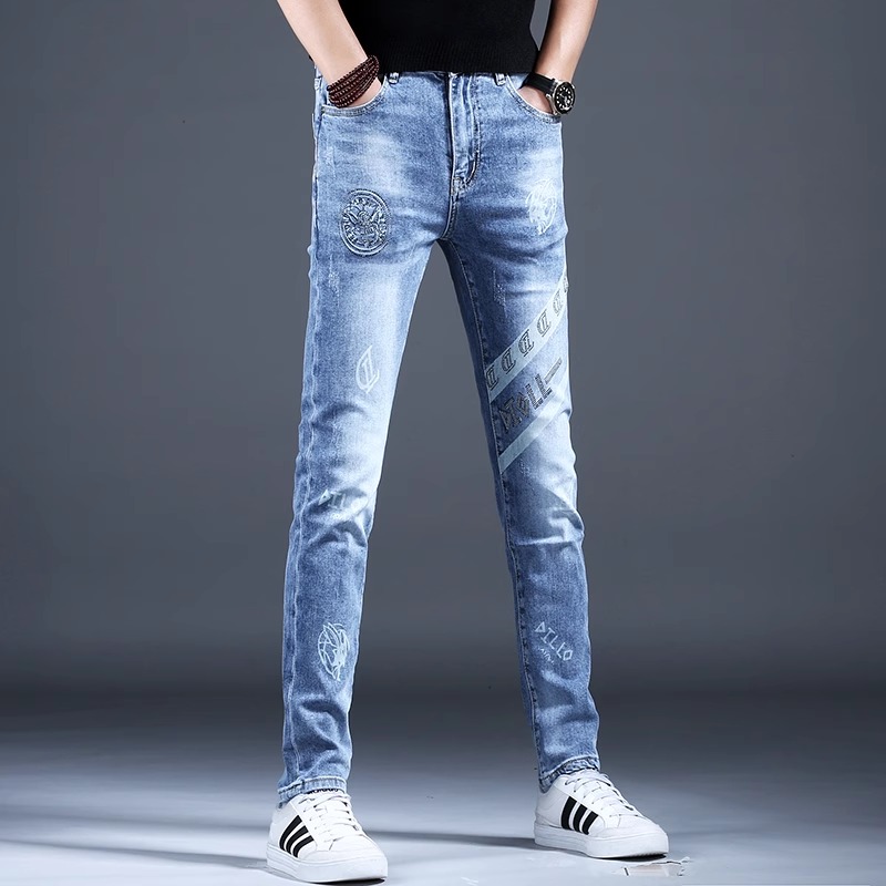 欧货印花弹力牛仔裤男春秋季潮牌男装潮流修身小脚男士紧身长裤子
