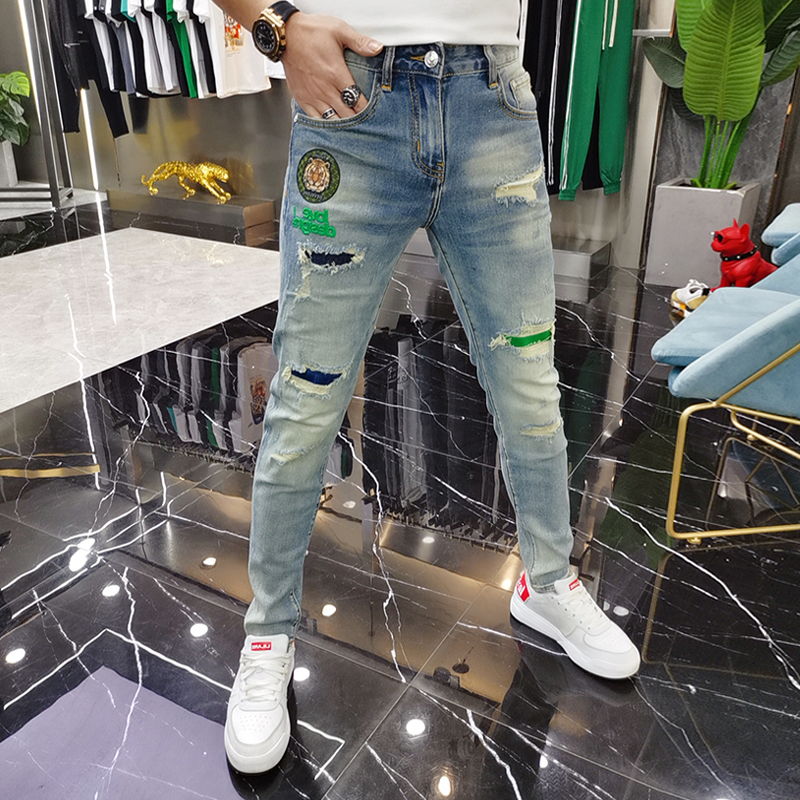 欧货弹力刺绣牛仔裤男士春秋季潮牌男装潮流修身型小脚紧身长裤子