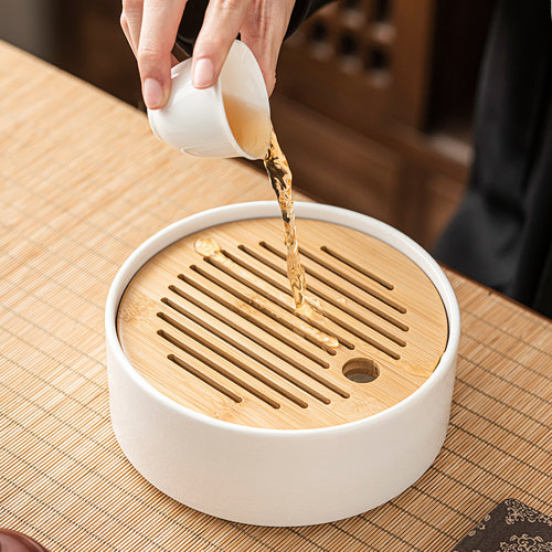 圆形干泡盘家用陶瓷功夫茶台茶壶托 托盘一人用简约迷你小型储水