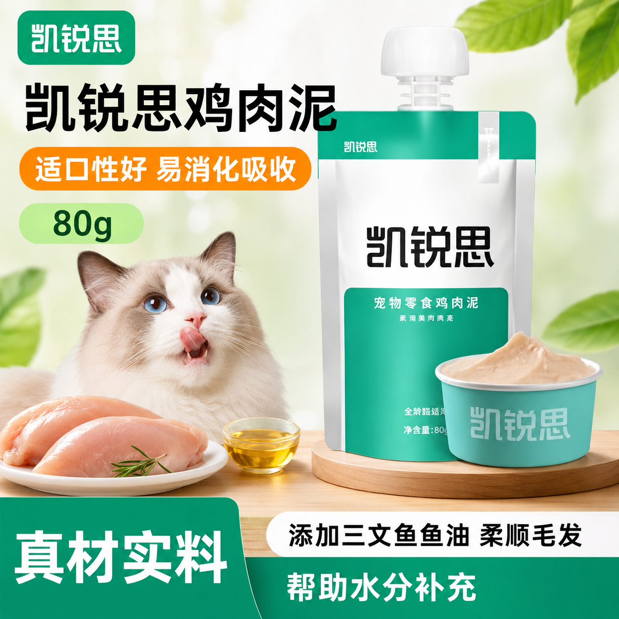 凯锐思鸡肉泥湿粮包热销猫狗通用纯肉猫咪营养补水餐盒易消化80g