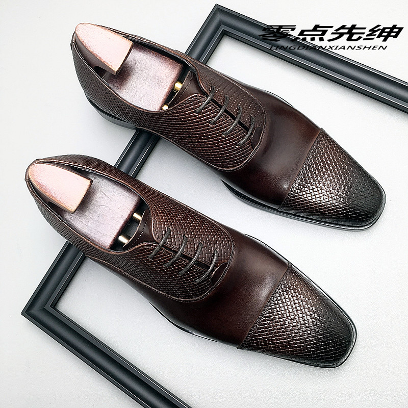 进口牛皮小方头手工三接头皮鞋