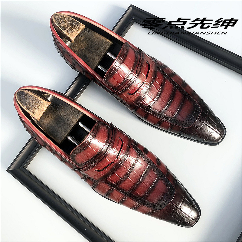 手工鳄鱼纹乐福鞋男士商务正装真皮一脚蹬懒人鞋时尚尖头发型师鞋