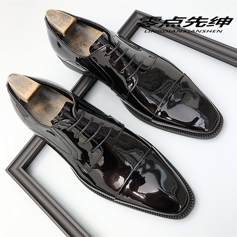 轻奢手工皮鞋男真皮头层牛皮亮面漆皮三接头商务正装新郎结婚鞋子