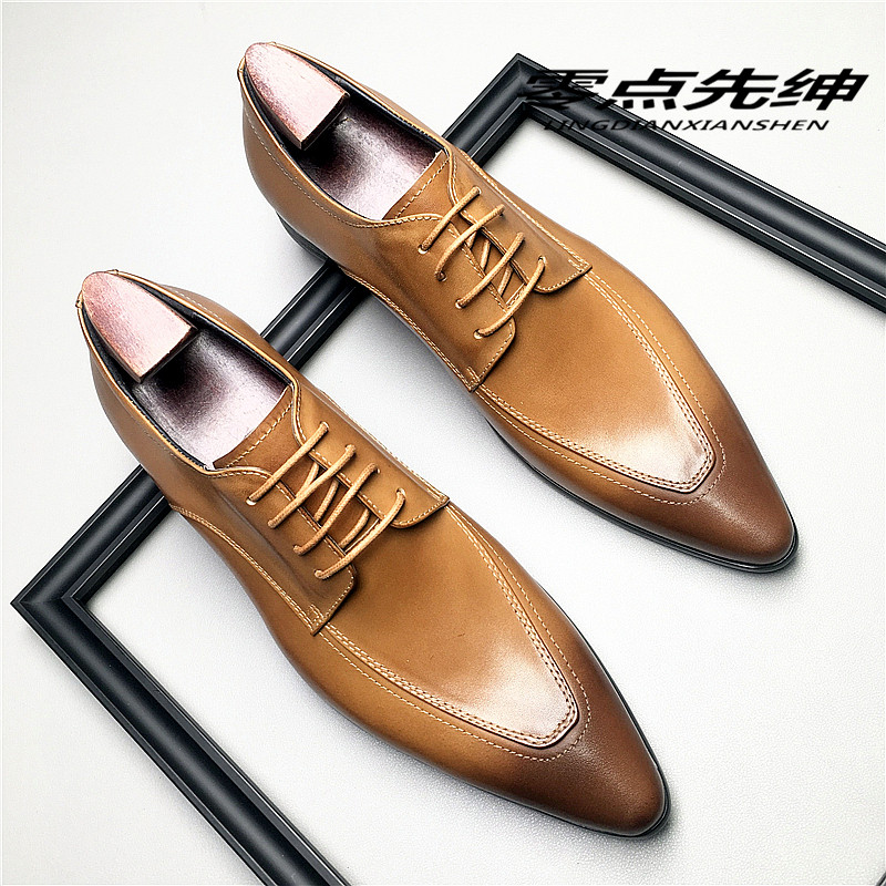 新款青年英伦尖头皮鞋潮男真皮牛津鞋商务正装休闲德比鞋新郎婚鞋