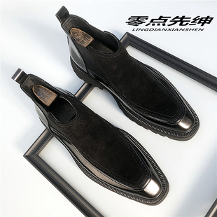 英伦风方头切尔西靴男黑色反绒皮套脚厚底增高短靴商务正装皮靴子