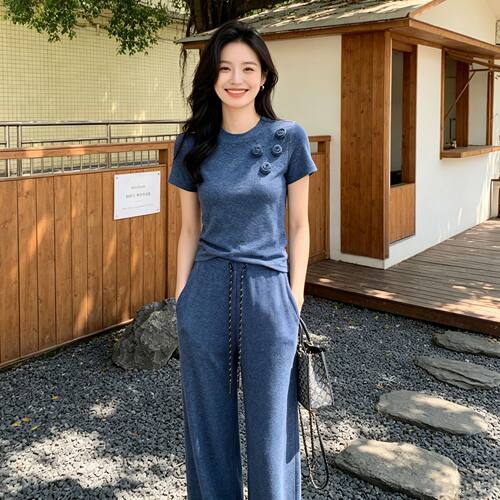 安斐欧娜2026夏季新款韩版高级感花朵t恤百搭直筒裤女套装6138