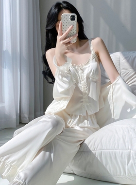 性感纯欲睡衣女2025夏季新款冰丝吊带带胸垫长袖家居服三件套春秋