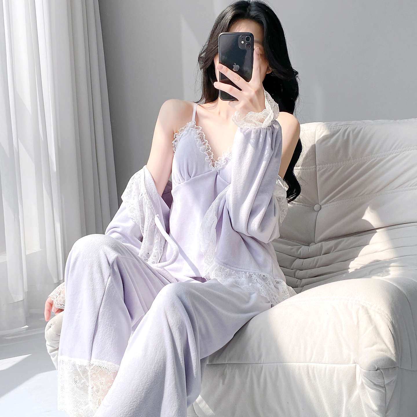 性感吊带睡衣女纯欲2025秋冬新款海岛绒长袖双面薄绒带胸垫三件套