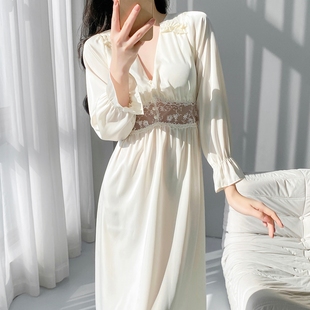 法式蕾丝公主宫廷风睡衣女款冰丝2026春夏季新款长袖长款睡裙长裙