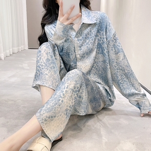 性感法式衬衫睡衣女款冰丝纯欲风春夏季新款高级感豹纹长袖家居服