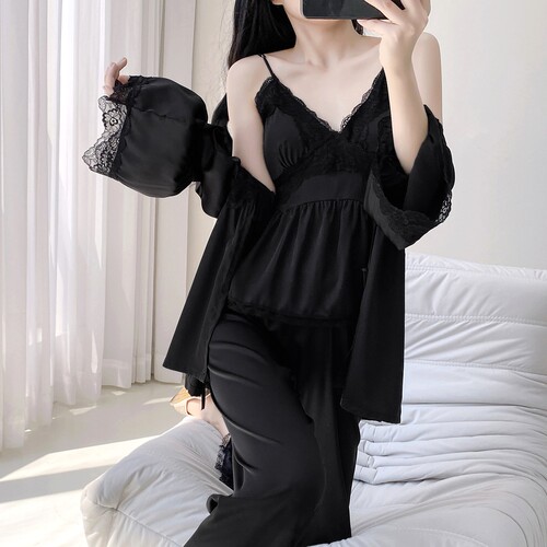 蕾丝带胸垫冰丝吊带长袖长裤睡衣