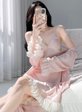 冰丝睡衣女款2025春夏季新款带胸垫吊带睡裙性感甜美花瓣睡袍套装