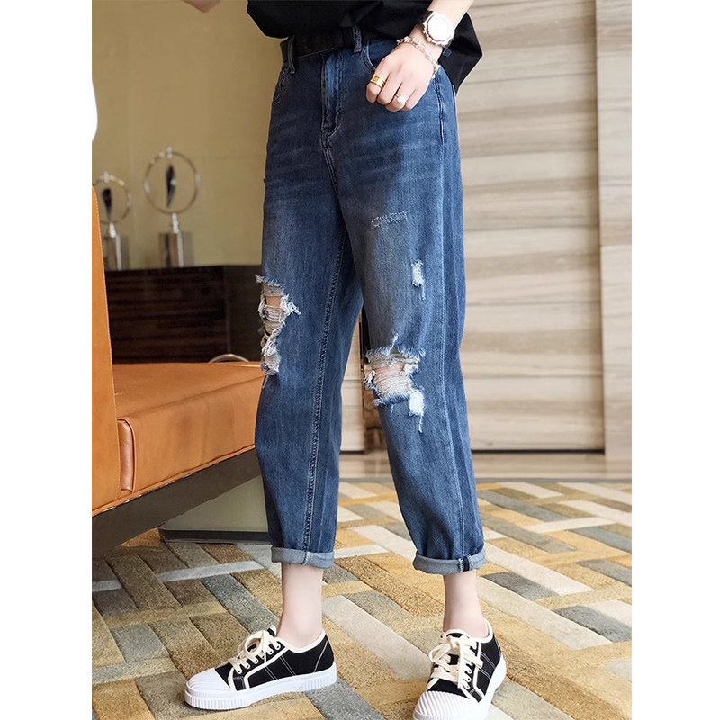 破洞哈伦牛仔裤女夏季薄款高腰宽松大码显瘦小个子九分萝卜休闲裤