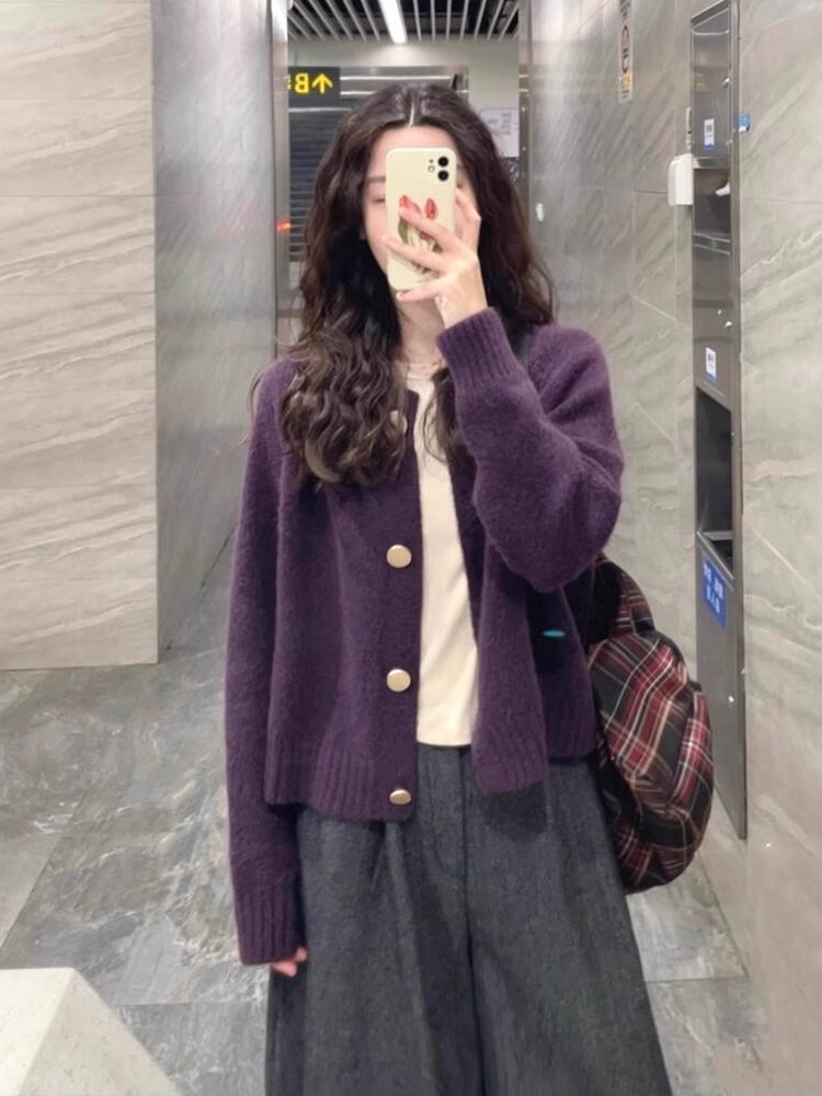 紫色毛衣外套女春秋2025新款宽松慵懒风外穿软糯长袖针织开衫上衣