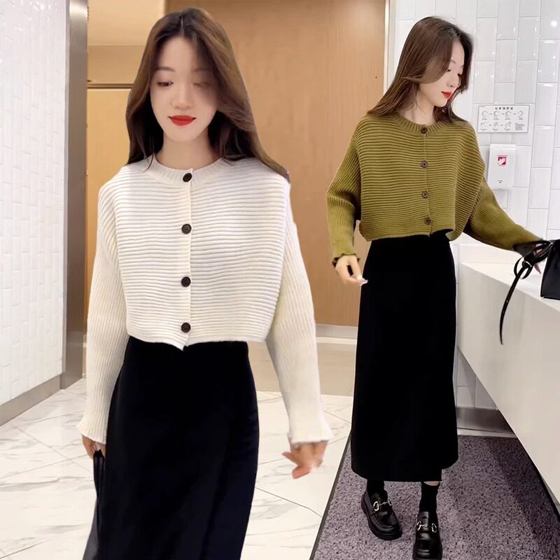针织开衫女秋季2025新款韩版高级感小个子宽松短款毛衣蝙蝠袖上衣