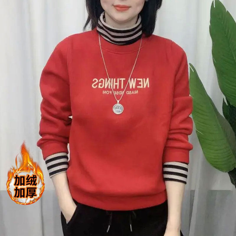 红色高领卫衣女秋冬2025新款韩版宽松时尚休闲加绒加厚假两件上衣