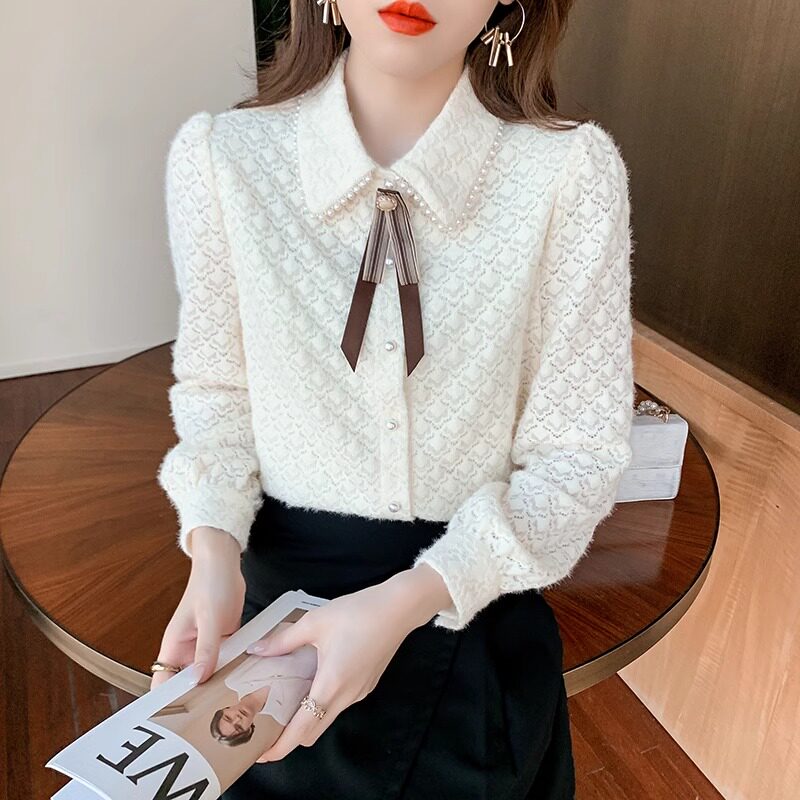 蕾丝衬衫女春秋2025新款洋气小个子设计感钉珠娃娃领打底长袖上衣