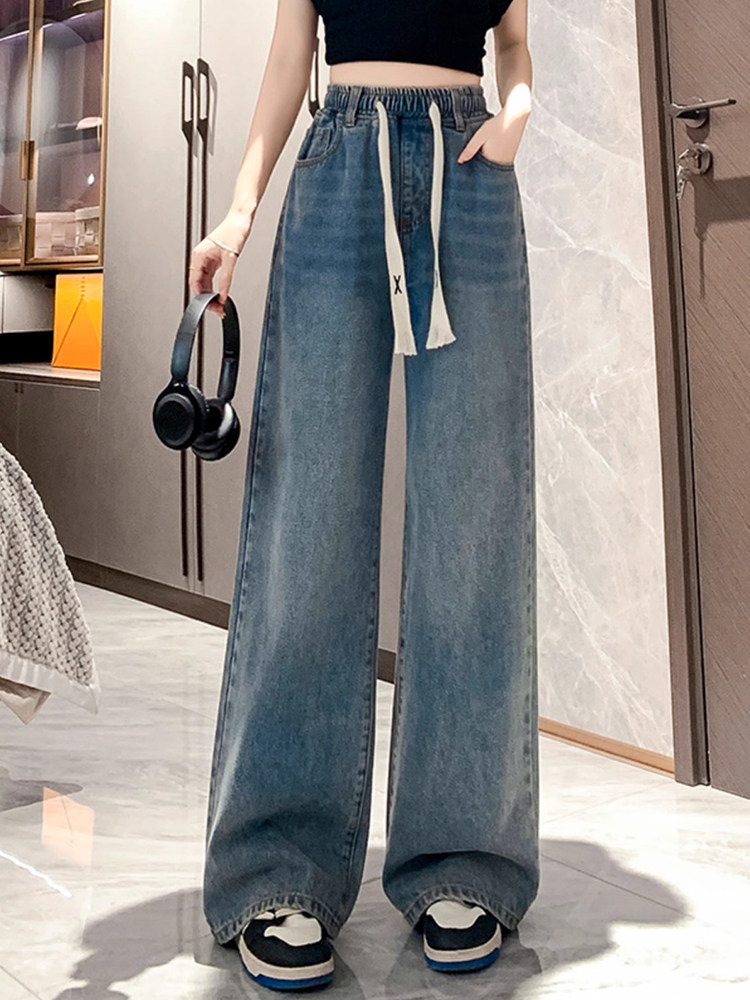 牛仔裤女春秋2025年新款大码宽松直筒裤高腰显瘦松紧腰抽绳阔腿裤