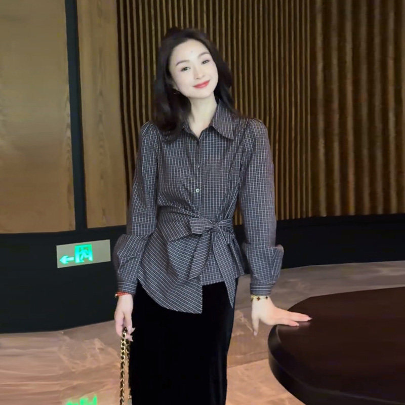 长袖格子衬衫女秋季2025新款韩系气质不规则收腰系带翻领开衫上衣
