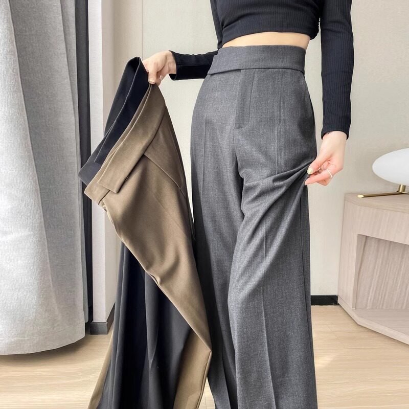 毛呢西装裤女春秋2025新款高腰垂感宽松休闲高级感窄版直筒宽裤