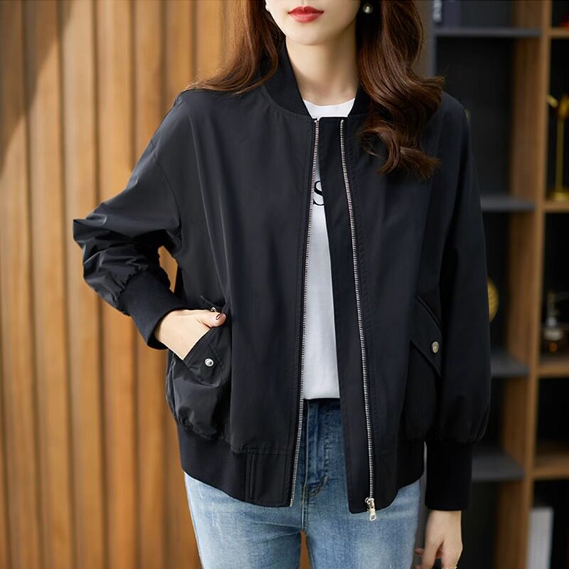 黑色棒球服外套女春秋2025新款宽松显瘦拉链开衫休闲百搭夹克上衣