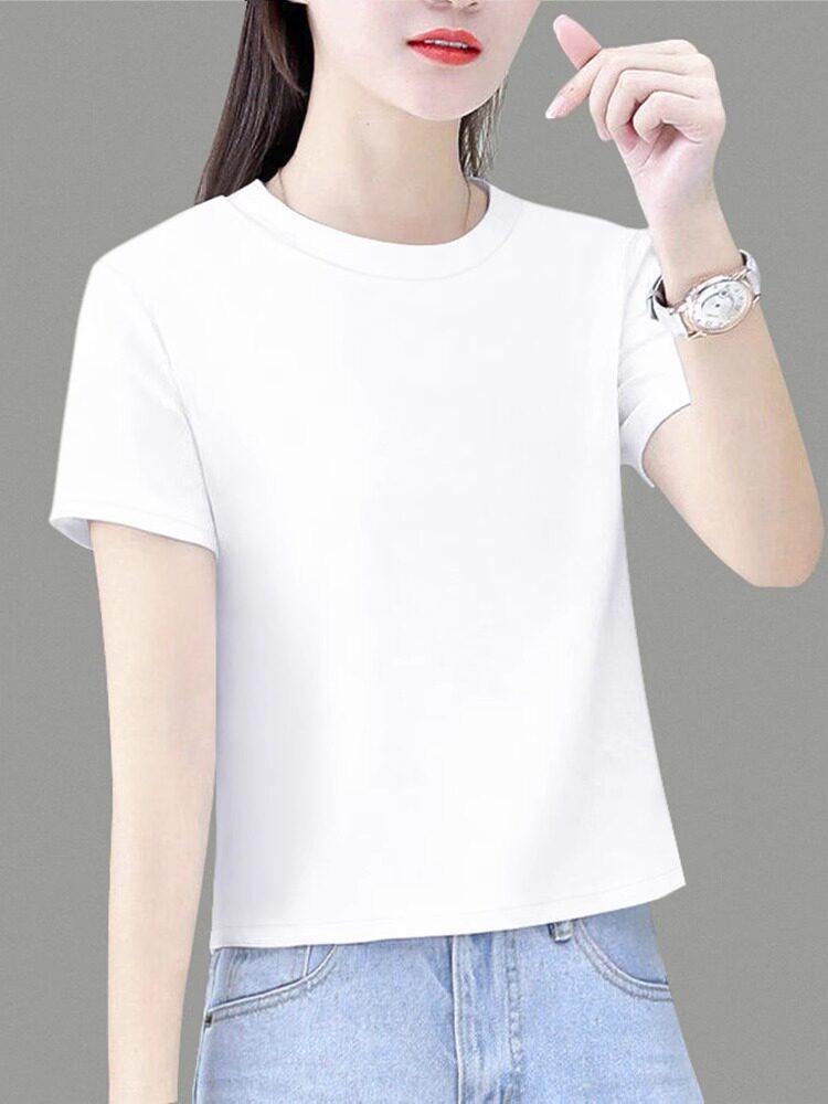 纯色短袖t恤女夏季2025新款纯棉宽松小个子短款圆领百搭打底上衣