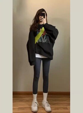 黑色卫衣女春秋2025新款韩版宽松慵懒百搭设计感套头长袖印花上衣