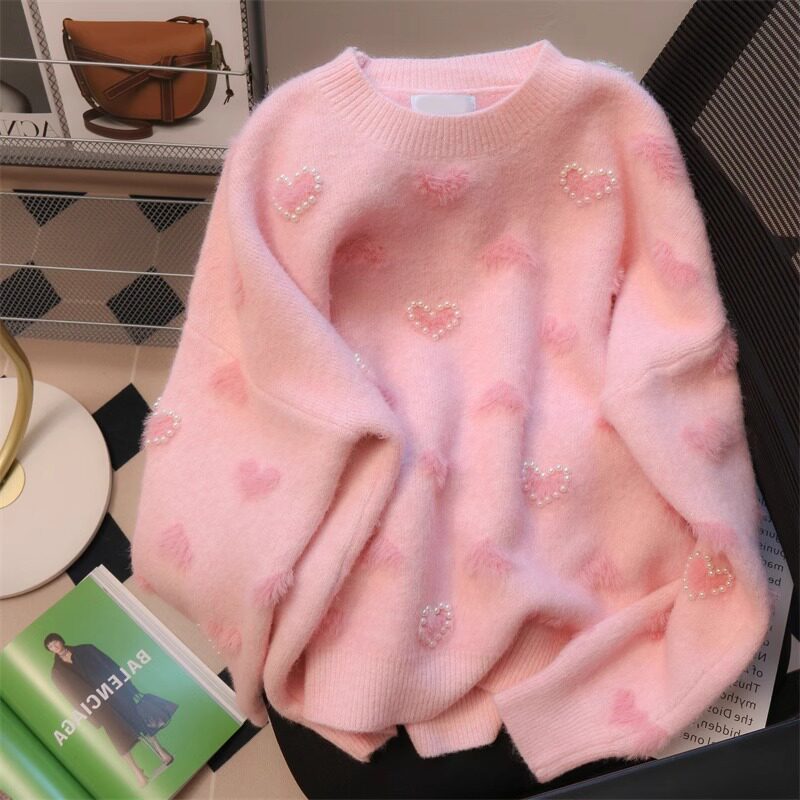 粉色毛衣女秋冬2024年新款宽松慵懒风外穿设计感马海毛针织衫上衣