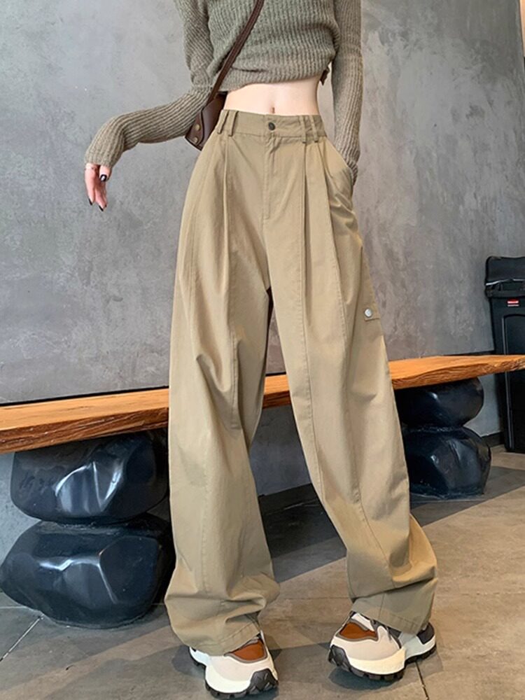 卡其工装裤女春秋2025新款高腰垂感宽松显瘦小个子爬山阔腿休闲裤