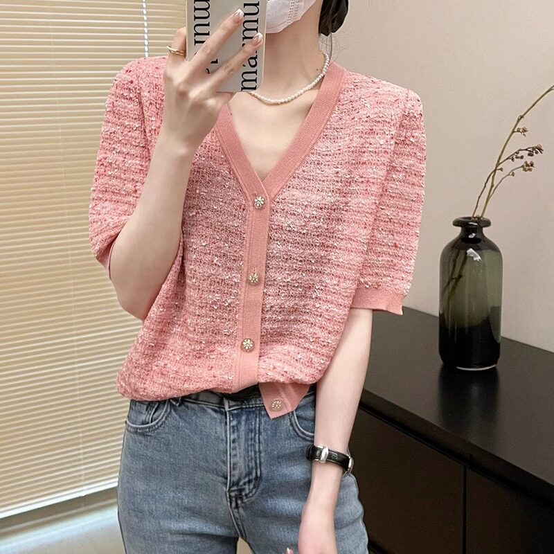冰丝针织衫女短袖夏季薄款2025新款宽松显瘦小香风v领开衫上衣潮