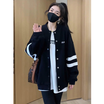 黑色棒球服外套女秋冬2025年新款韩版宽松小个子休闲 夹克开 衫上