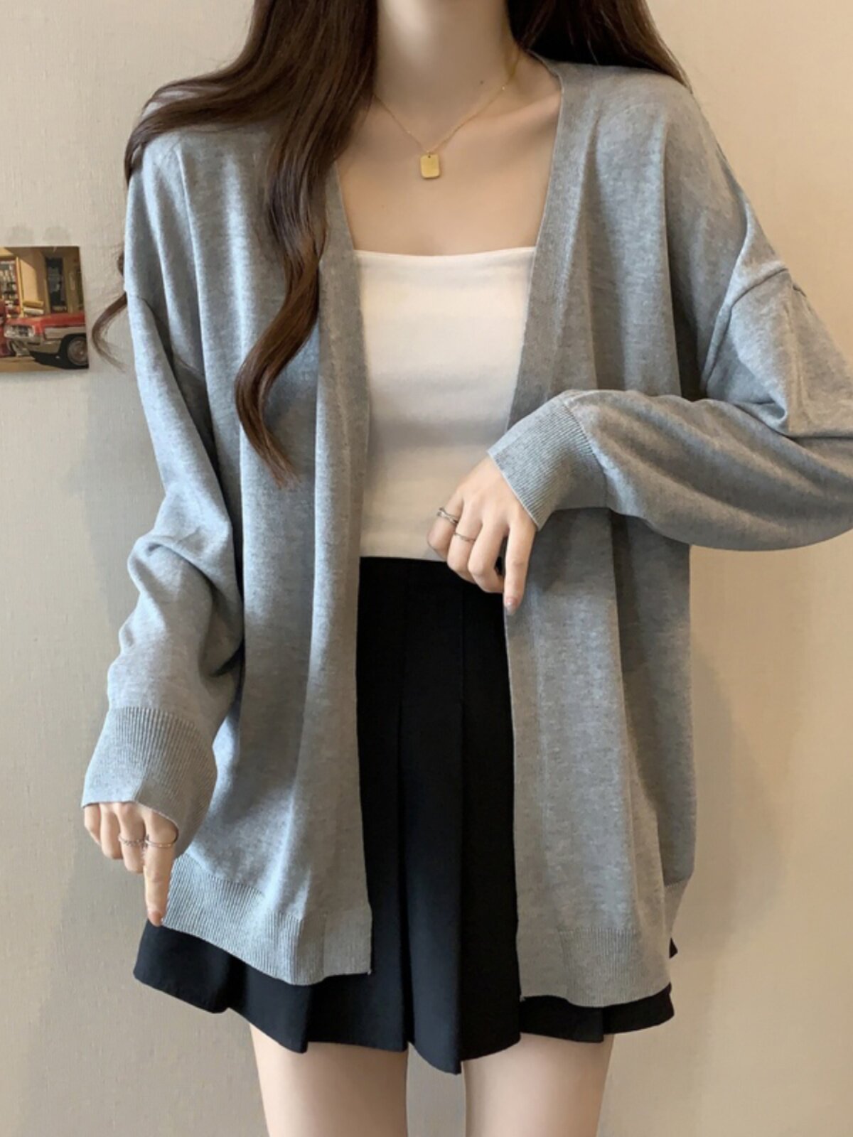 春秋薄款针织开衫女2025新款慵懒宽松大码中长款v领毛衣外套上衣