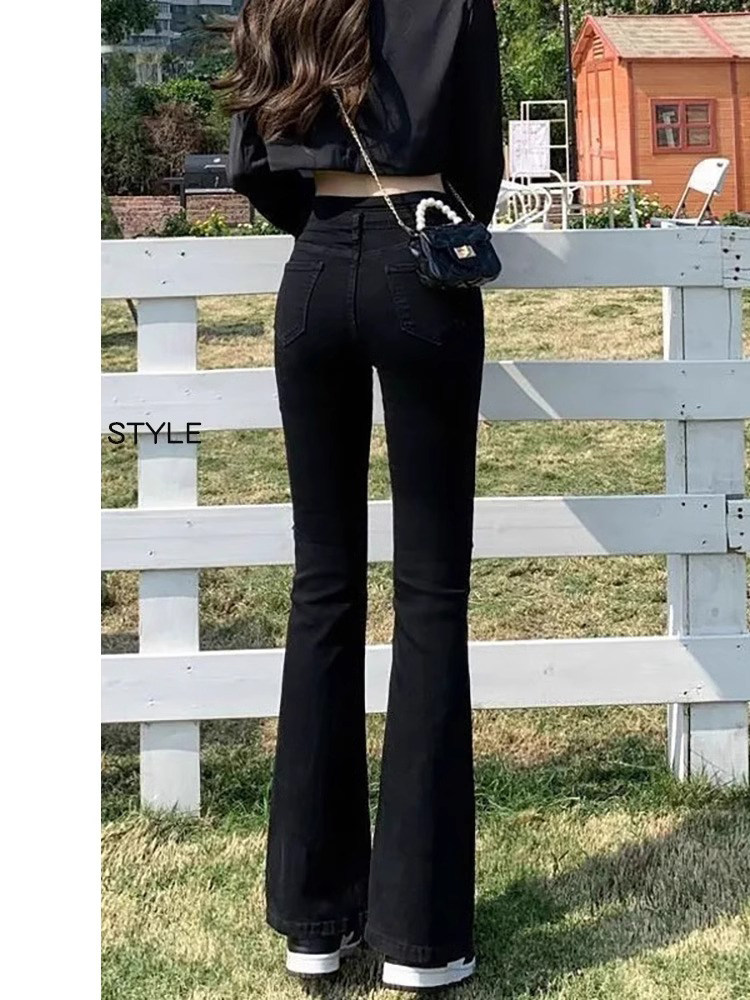 黑色微喇牛仔裤女春季2025新款高腰修身显瘦小个子加绒大码喇叭裤