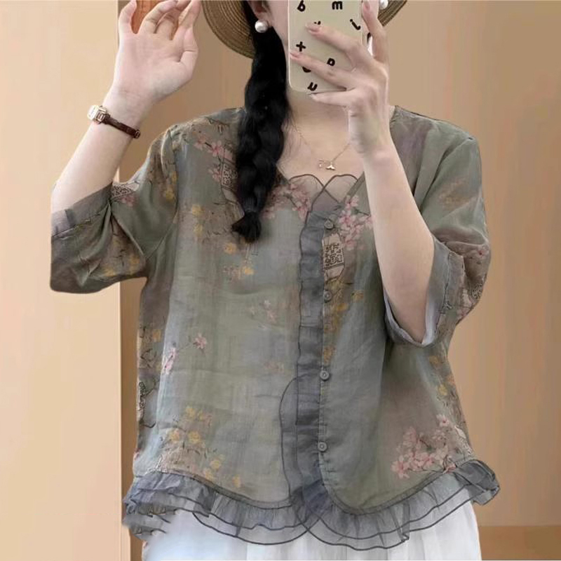 棉麻衬衫女短袖夏季2025新款复古文艺设计感衬衣印花气质小衫上衣
