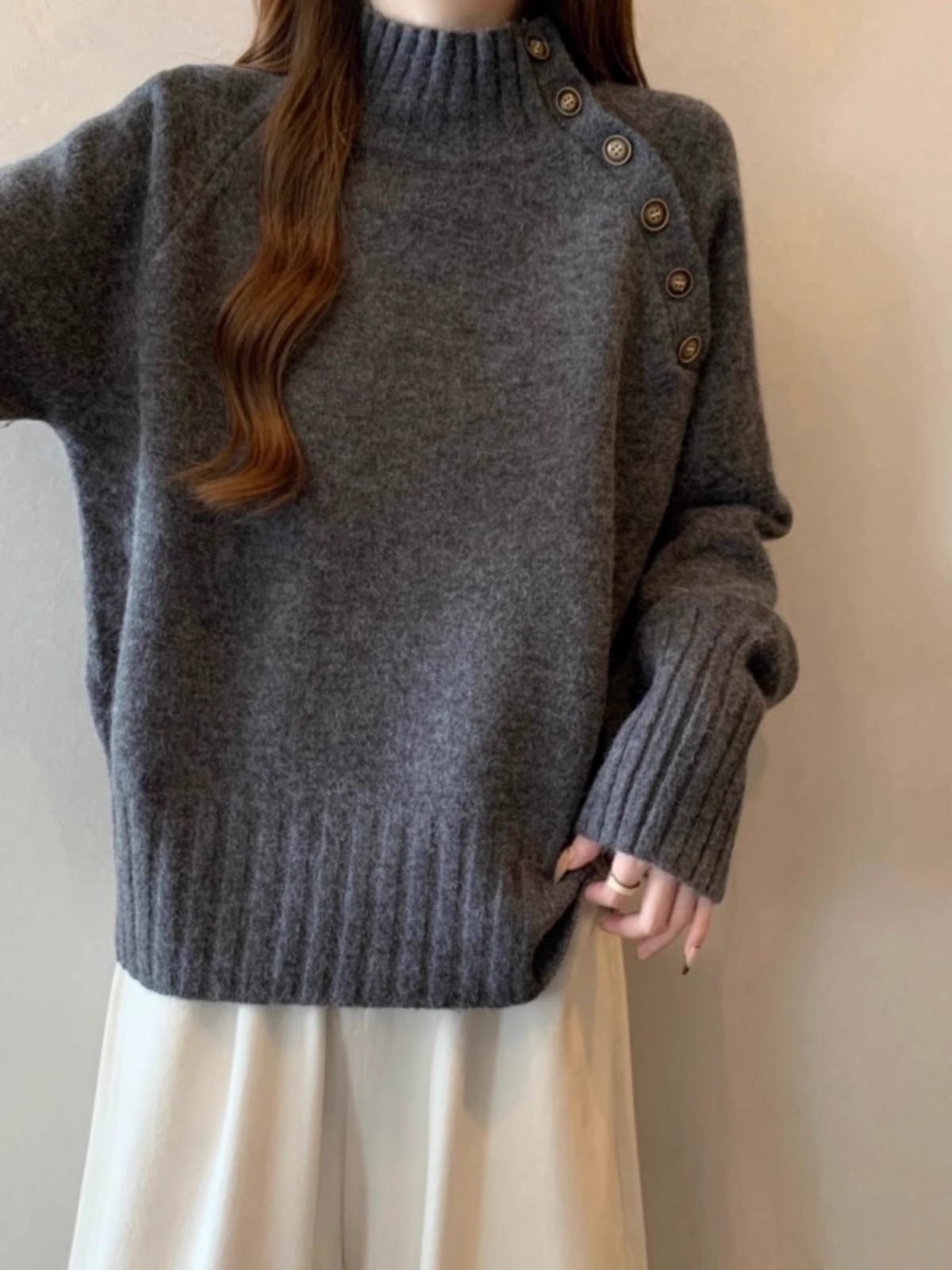 半高领灰色毛衣女2025春季新款宽松大码慵懒风加厚百搭针织衫上衣
