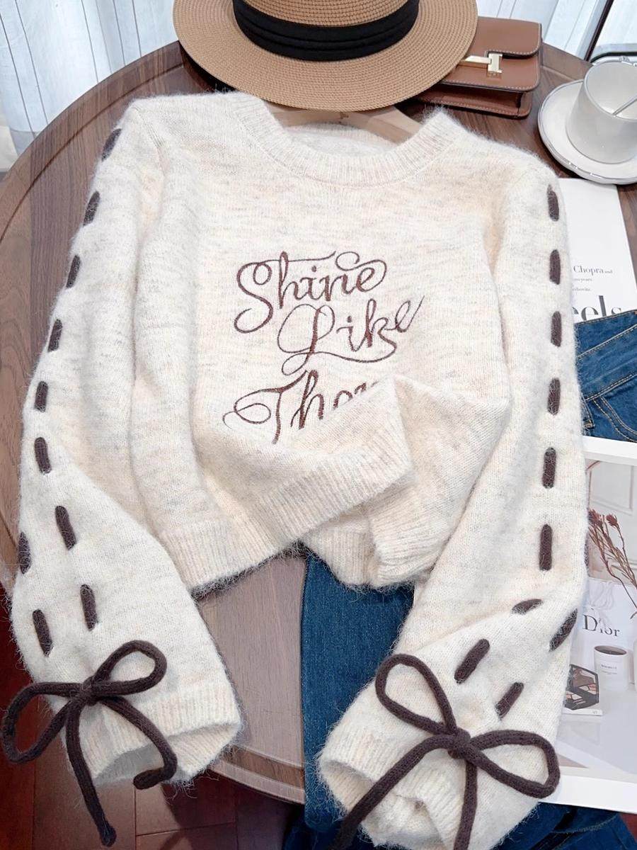 毛衣女春季2025年新款宽松慵懒风短款抽绳字母刺绣圆领针织衫上衣,女装/女士精品,毛衣,淘宝优惠券,粉丝福利购,淘宝优惠卷