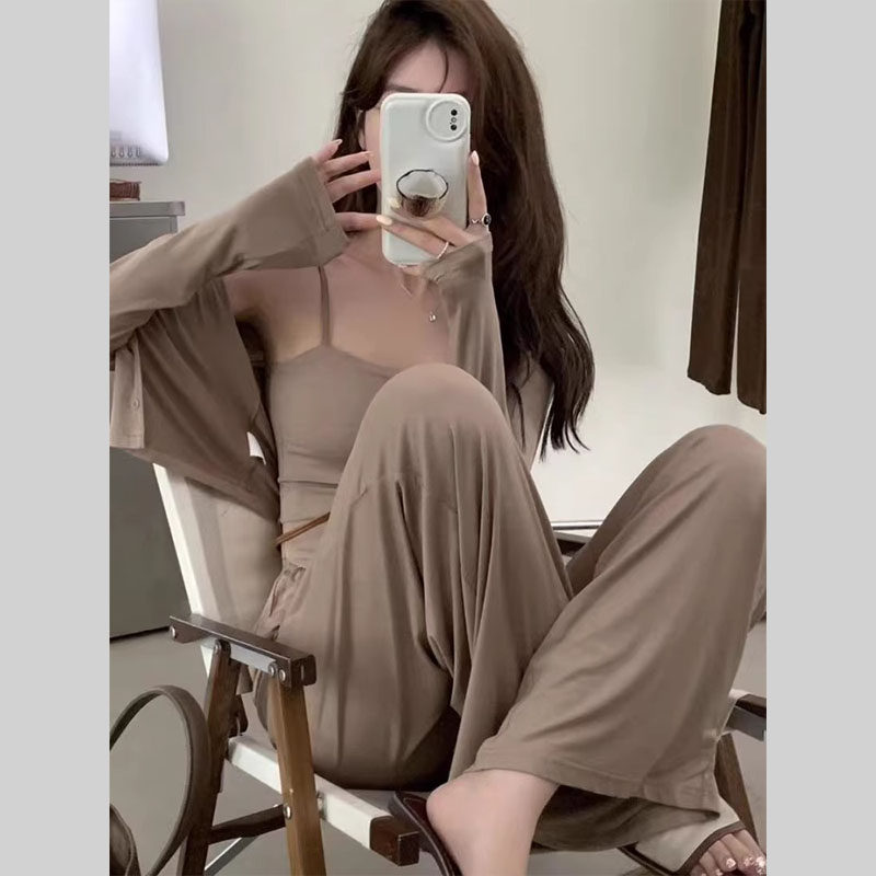 套装女春秋2025新款韩版设计感开衫背心吊带阔腿裤休闲时尚三件套