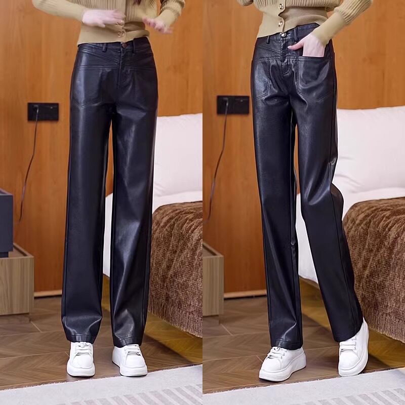 黑色皮裤女春季2025新款高腰显瘦宽松休闲小个子加绒直筒阔腿裤子,女装/女士精品,休闲裤,淘宝优惠券,粉丝福利购,淘宝优惠卷