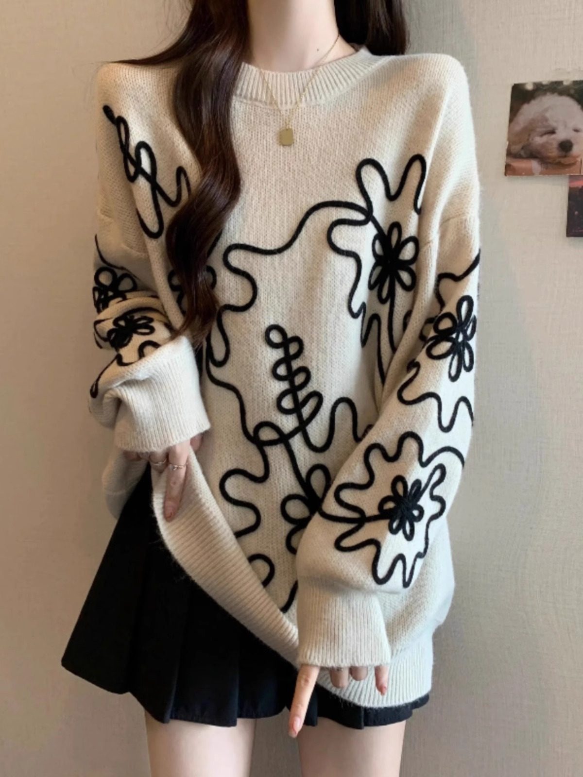 白色毛衣女春季2025新款外穿宽松大码显瘦设计感中长款针织衫上衣