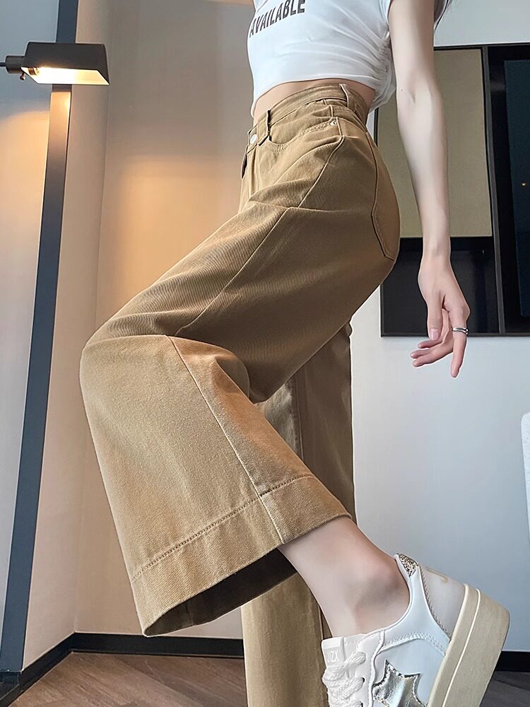 卡其色牛仔阔腿裤女夏季2025新款高腰显瘦小个子窄版八九分直筒裤