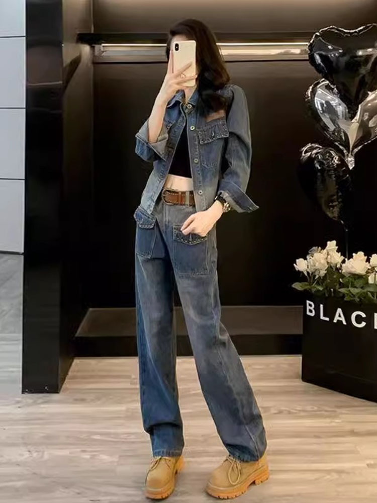 2025春秋季女式牛仔套装新款时尚宽松休闲高端夹克阔腿裤两件套