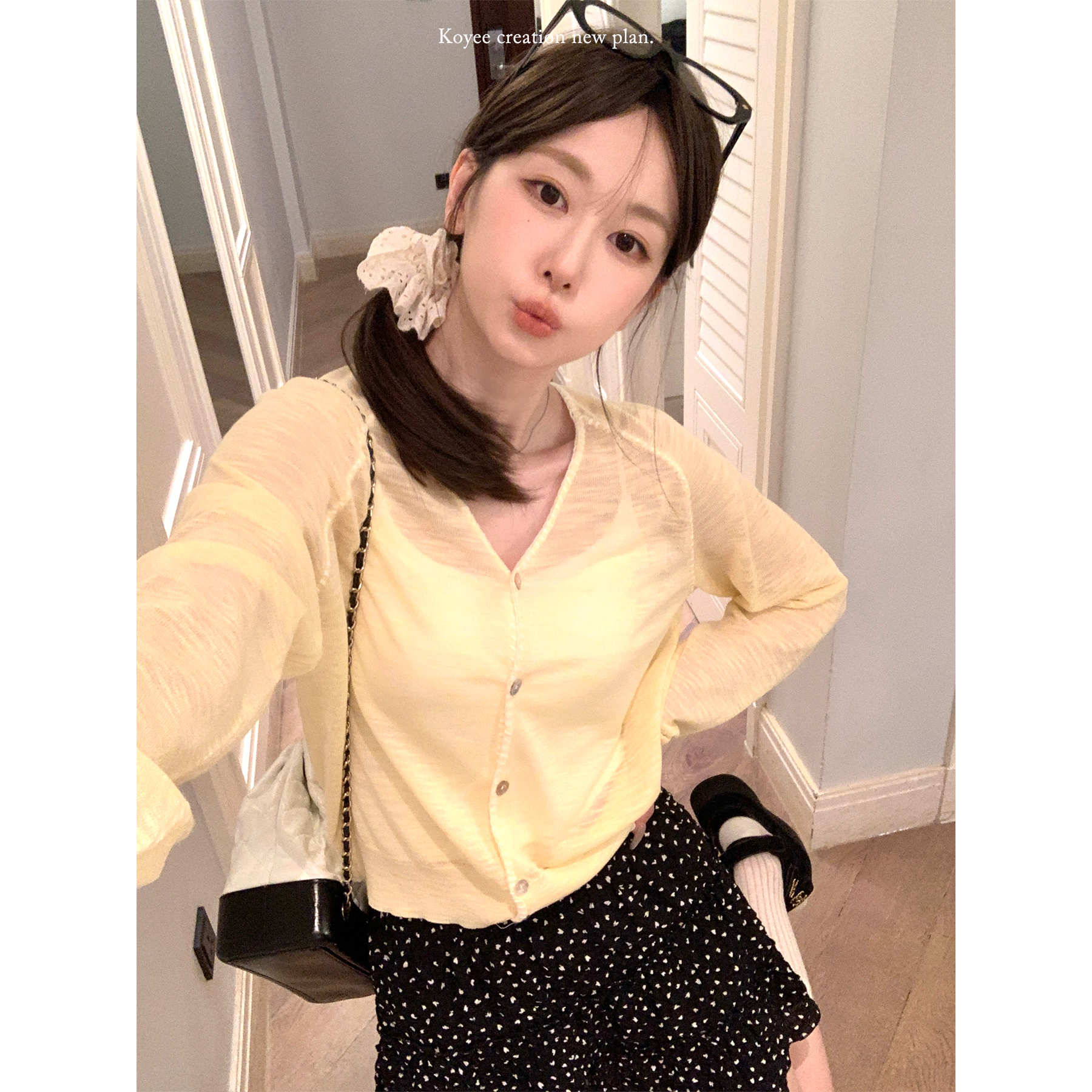 孔一粒 v领短款长袖针织防晒开衫外套女夏季薄款外搭上衣空调衫