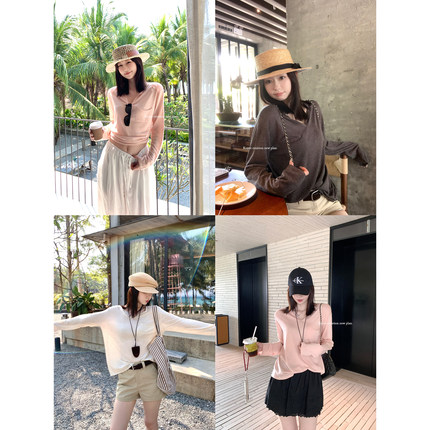 孔一粒 三色莱赛尔亚麻防晒针织衫女2025夏季薄款宽松显瘦长袖T恤