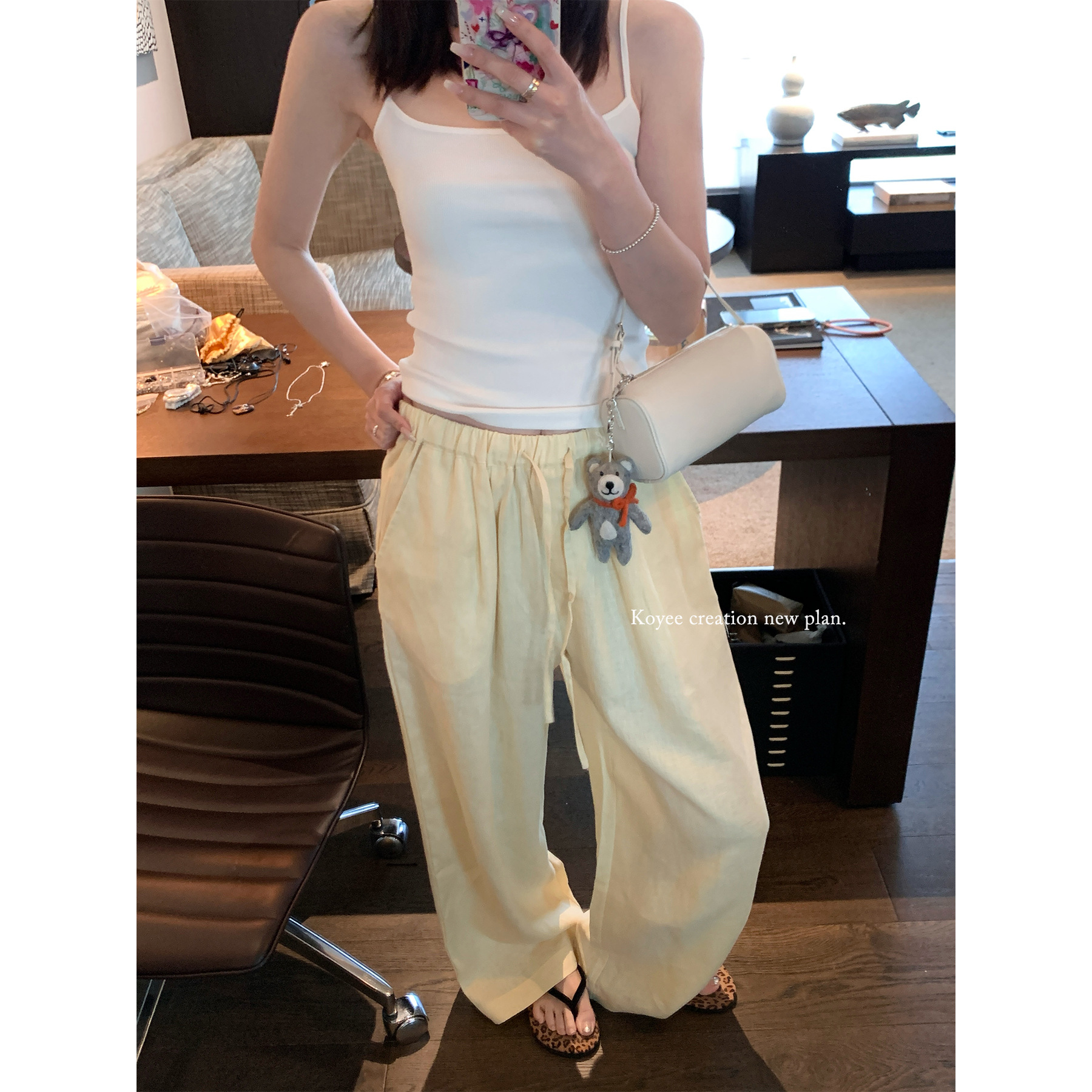 孔一粒 高腰显瘦直筒亚麻休闲裤女夏季新款百搭宽松阔腿拖地长裤