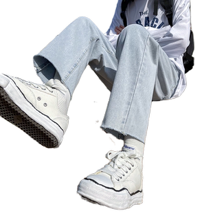 2026学生黑色牛仔裤男毛边直筒九分裤休闲百搭修身潮牌秋季裤子男