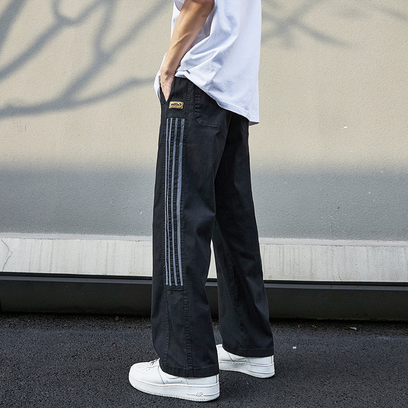 三道杠条纹设计感休闲裤子男2025夏季新款高街宽松直筒运动裤男生