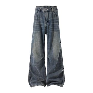 2025男女复古高级感宽松阔腿长裤 铆钉褶皱水洗做旧牛仔裤 美式 秋季
