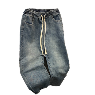 系绳复古牛仔裤男ins宽松大码直筒夏季港风潮流百搭休闲裤子男生