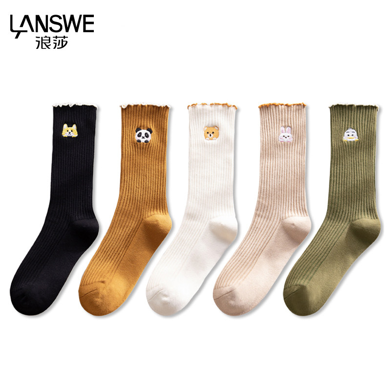 浪莎摩登4系袜子女秋冬天吸汗防臭精梳棉女士棉袜休闲中筒袜W6020